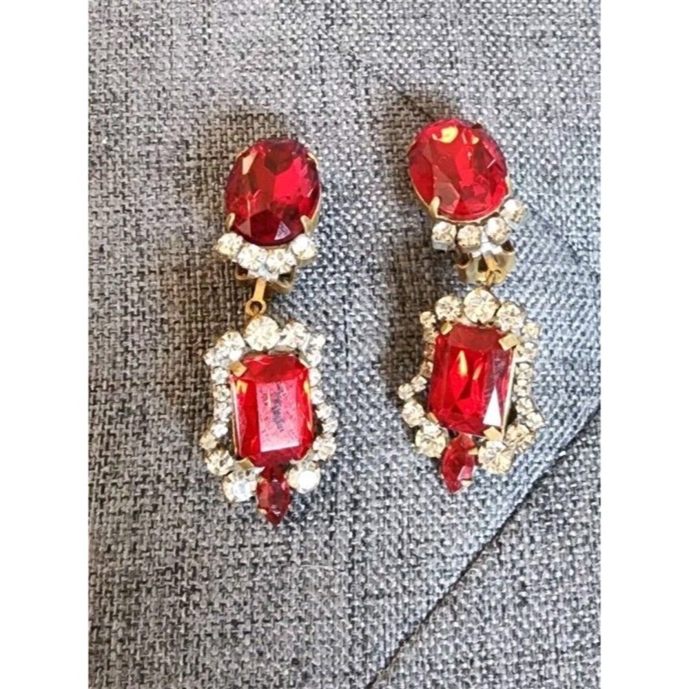 Husar D Rare Vintage Czech Ruby Rhinestone Earrings Collectible Jewelry Clip On